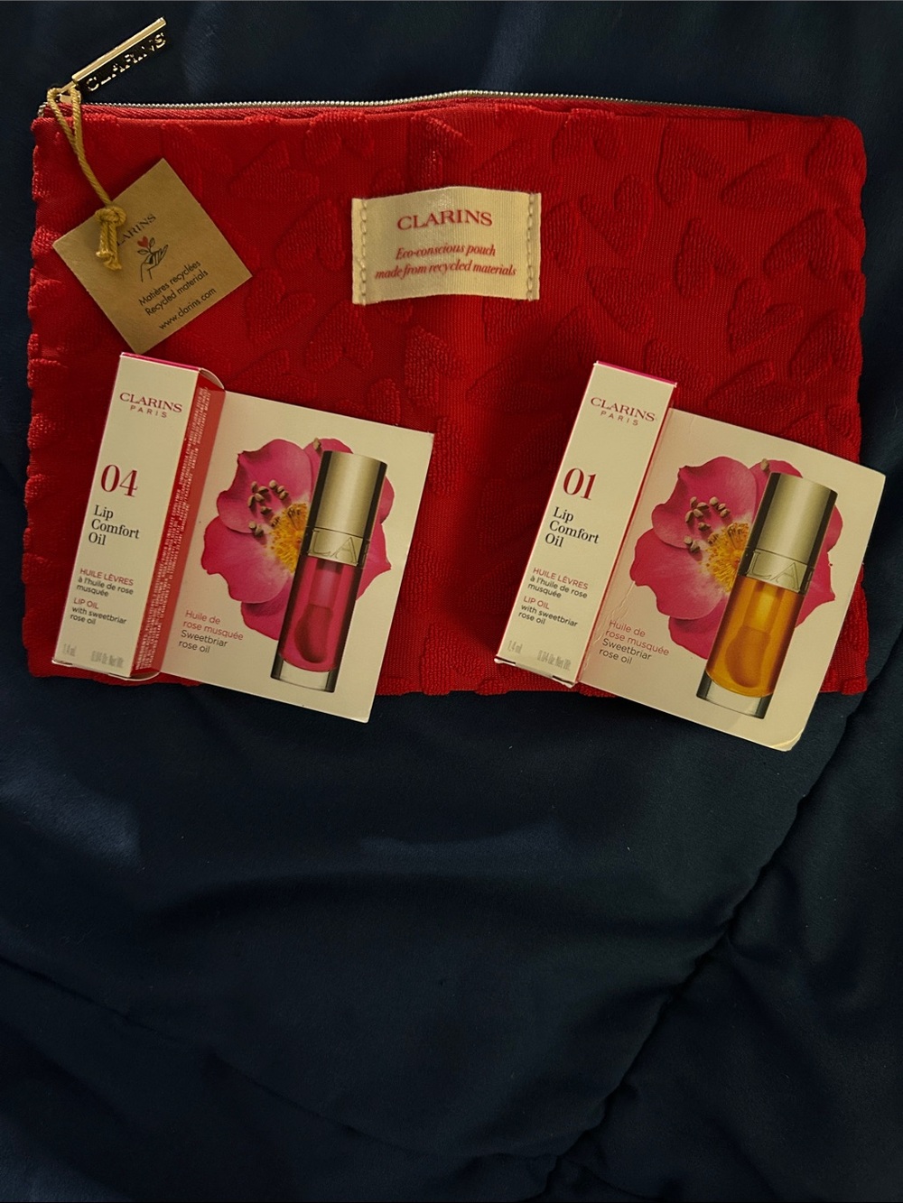 Clarins Red Heart Textured Cosmetic Zip Pouch with Lip Oil